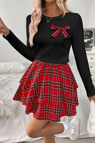 Chic Women's Red Plaid Long Sleeve Top and Ruffle Mini Skirt Set Trendy 2-Piece Outfit for Effortless Style