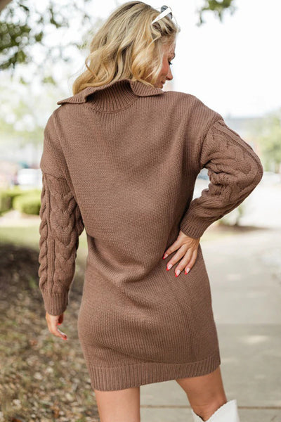Women's Cozy Dark Khaki Ribbed V-Neck Mini Sweater Dress - Effortless Fall Fashion with a Stylish, Comfortable Fit