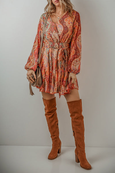Women's Orange Boho Paisley Print Mini Dress with Long Sleeves, Pleated Design, and Belted Waist for Effortless Style