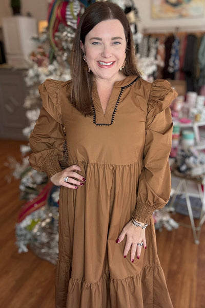 Plus Size Women's Light Beige Maxi Dress with Ruffle Trim, Ricrac Detail, and Long Sleeve V-Neck for Effortless Elegance