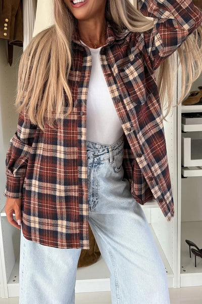 Cozy Mineral Red Plaid Boyfriend Shacket for Women Stylish Flannel Overshirt with Chest Pocket for Casual Layering