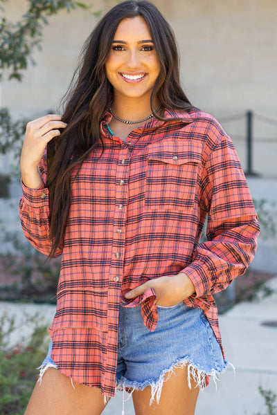 Trendy Women's Red Plaid Long Sleeve Shirt with Side Split and Distressed Hem for Casual Chic Style