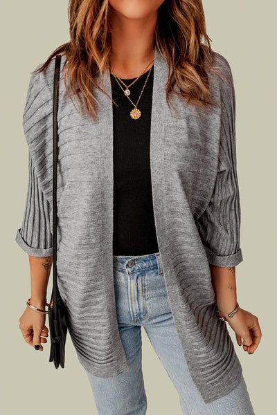 Chic Gray Ribbed Open Front Cardigan for Women - Cozy Knit Layering Essential for Stylish Fall Looks