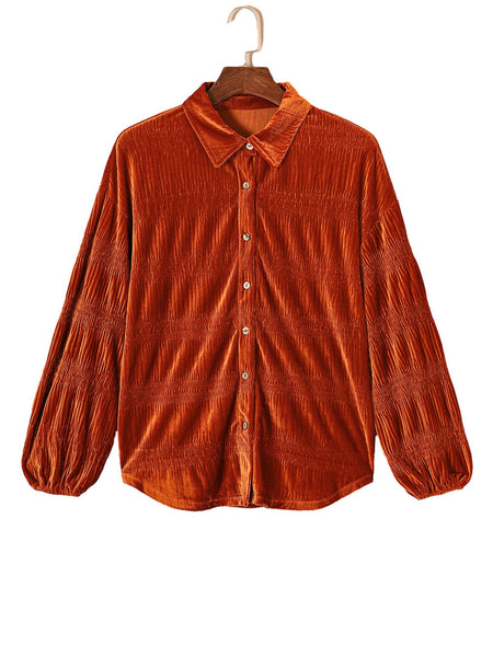 Women's Velvet Orange Lantern Sleeve Button Up Shirt