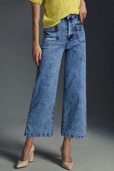 Women's Sky Blue High-Rise Patch Pocket Straight Leg Jeans