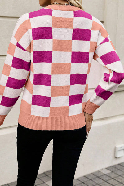 Cozy Pink Checkered Ribbed Sweater for Women - Effortless Casual Knit with Drop Shoulders for Ultimate Comfort