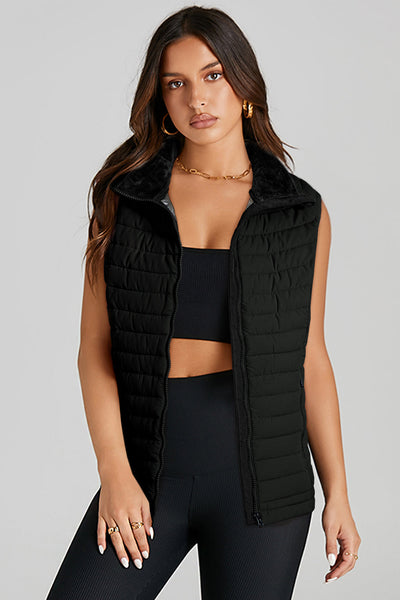Cozy Women's Black Quilted Puffer Vest with Plush Collar and Zipper - Stylish Winter Outerwear for Cold Adventures