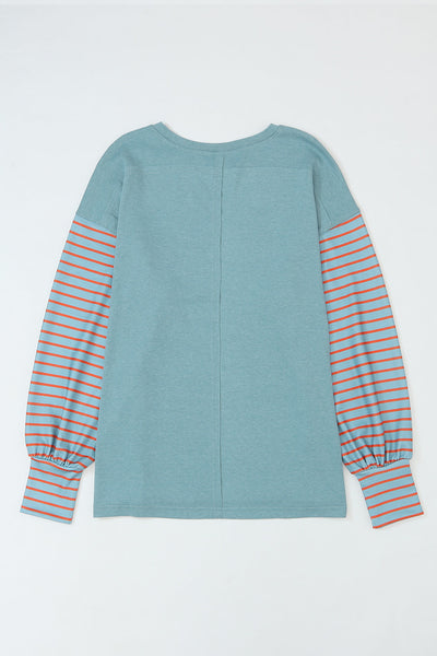 Trendy Women's Green Colorblock Striped Bishop Sleeve Blouse - Stylish Casual Top for Chic Everyday Looks