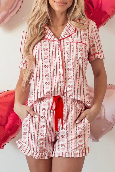 Women's Red Heart Flower Print Pajama Set with Sweet Bow Detail - Cute 2-Piece Short Sleepwear for Relaxed Nights