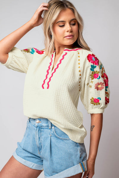 Chic Women's Beige Floral Embroidered Puff Sleeve Blouse with Textured Fabric and Ricrac Trim for Effortless Style