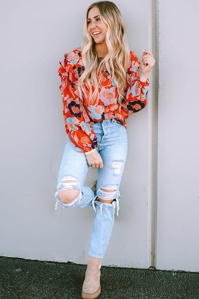 Women's Fiery Red Floral Ruffle Puff Sleeve Blouse - Chic Summer Top with Feminine Fit and Eye-Catching Design