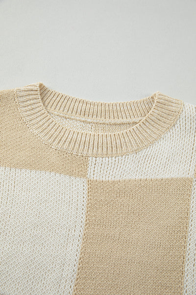 Cozy Women's Flaxen Checkered Drop Shoulder Knit Sweater - Stylish, Soft Fit for Casual Chic Looks