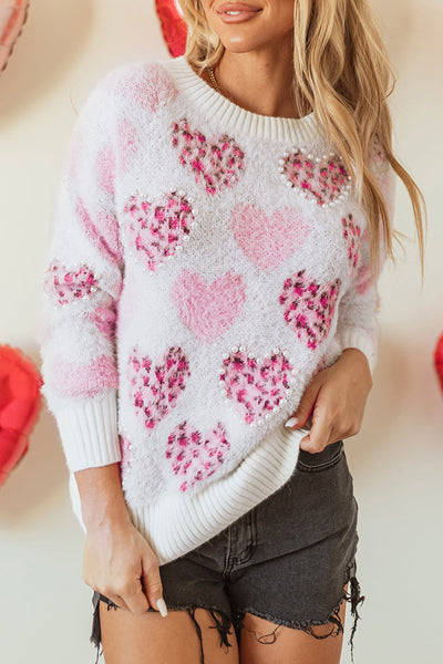 Cozy Women's Pink Heart Leopard Print Sweater with Pearled Ribbed Trim - Stylish Fuzzy Knit for Casual Outings