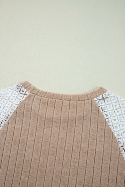Women's Floral Patchwork Ribbed Blouse - Parchment Long Sleeve Top for Stylish Comfort in Everyday Wear