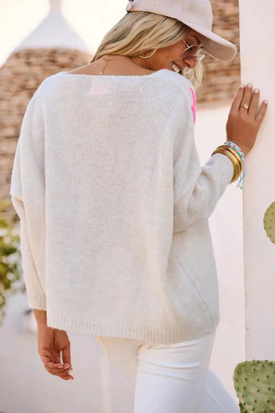 Chic Relaxed Fit White Knit Sweater for Women - Cozy Textured Design for Effortless Style and Comfort