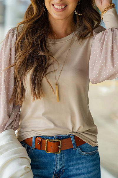 Chic Women's Parchment Polka Dot Chiffon Blouse with Patchwork Long Sleeve Round Neck Top for Effortless Casual Style