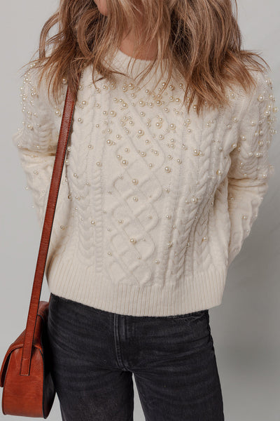 Beige Women's Cozy Cable Knit Sweater with Pearl Details - Chic Fall & Winter Essential for Effortless Style