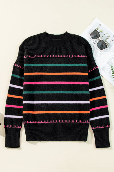 Cozy Women's Black Ribbed Sweater with Colorful Trim Stylish Striped Design for Casual Outings and Everyday Comfort
