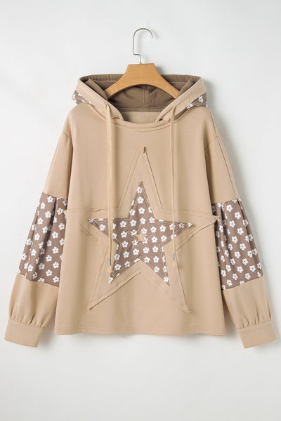 Women's Apricot Floral Patchwork Hoodie with Star Design and Adjustable Drawstring - Casual and Stylish Pullover