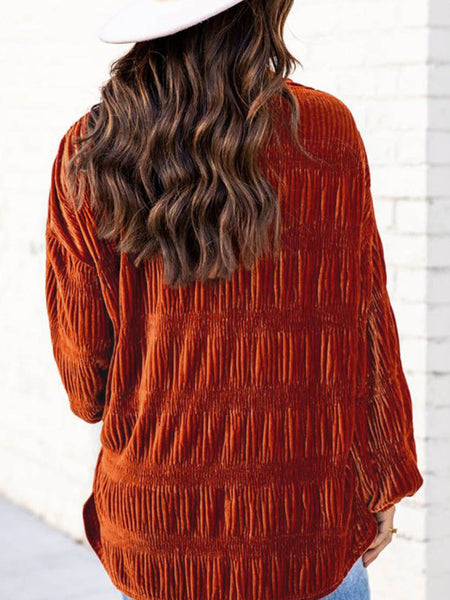 Women's Velvet Orange Lantern Sleeve Button Up Shirt