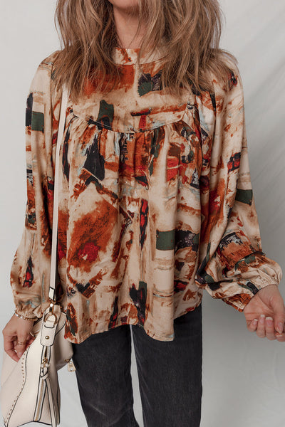 Trendy Women's Multicolor Retro Abstract Blouse with Zip Back and Long Puff Sleeves for Casual Chic Outfits
