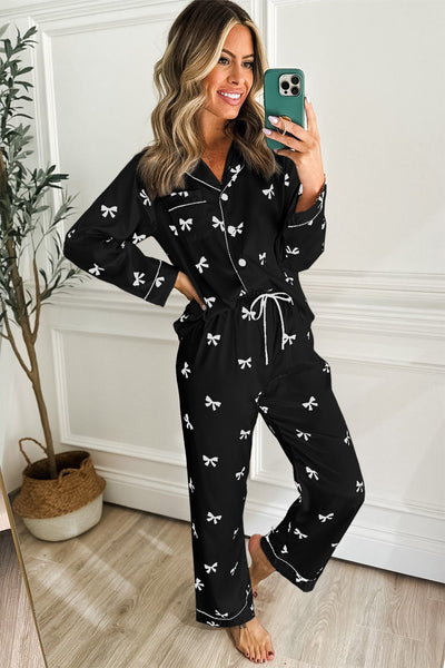 elegant women's black bow print two-piece pajama set for cozy nights and lazy mornings in soft, breathable fabric with practical styling and