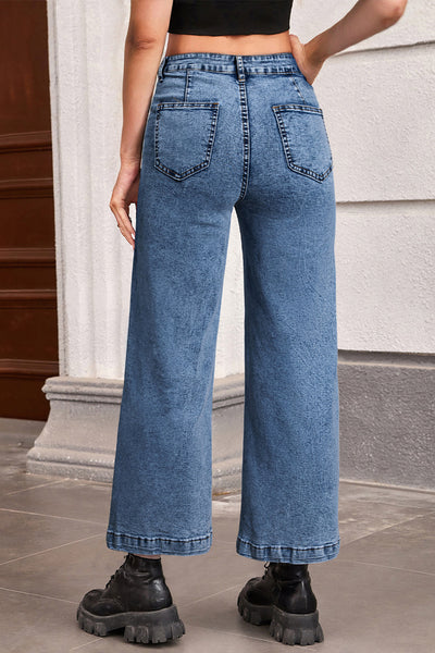 Women's Sky Blue High-Rise Patch Pocket Straight Leg Jeans