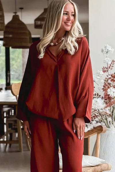 Chic Women's Red Clay Oversized V-Neck Top & Drawstring Pants Set - Trendy Loose Fit 2-Piece Outfit for Effortless Style