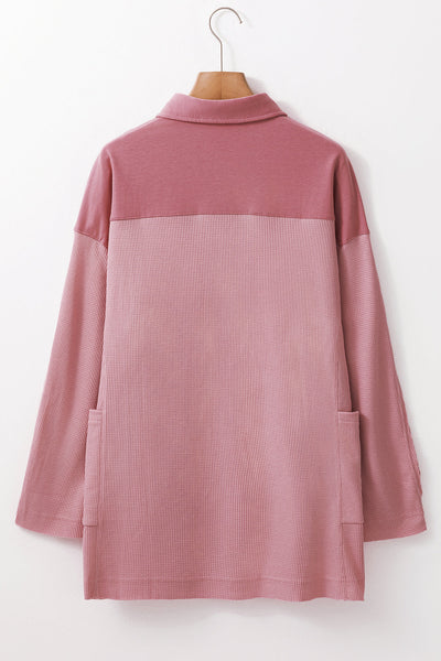 Women's Relaxed Fit Pink Waffle Knit Long Sleeve Collared Top - Stylish Half Button Design for Casual Comfort