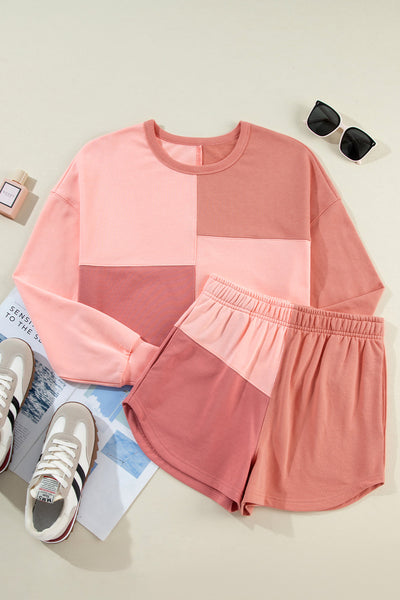 Women's Peach Colorblock Long Sleeve Shorts Set - Trendy Casual Summer Outfit for Comfort and Adventure
