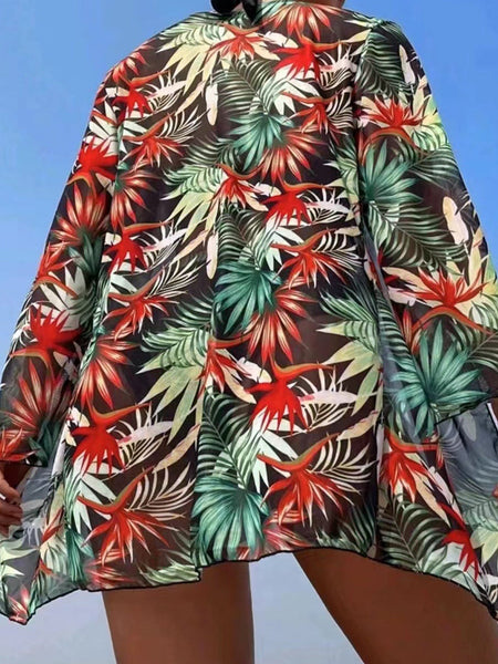 Navy Blue Tropical Print Halter Bikini Set with Cover Up - 3 Piece Ensemble