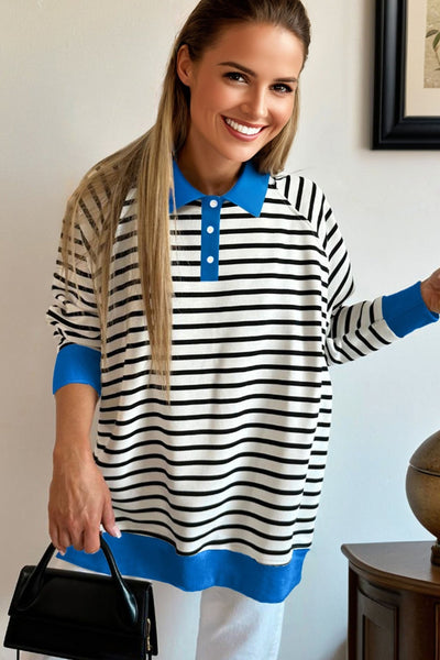 Women's Striped Cotton-Blend Polo Sweatshirt with Azure Contrast