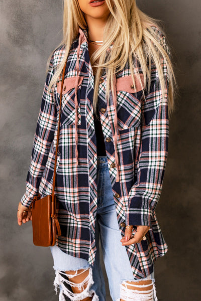 Women's Pink Plaid Shacket with Hood & Drawstring - Trendy Layering Jacket for Effortless Casual Style