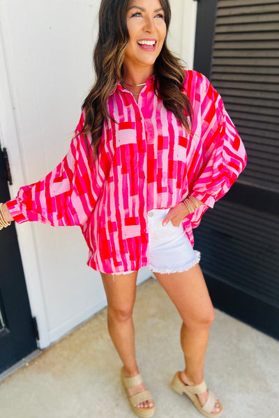 Women's Casual Pink Abstract Print Batwing Sleeve Shirt - Trendy, Comfortable Top for Everyday Fashion