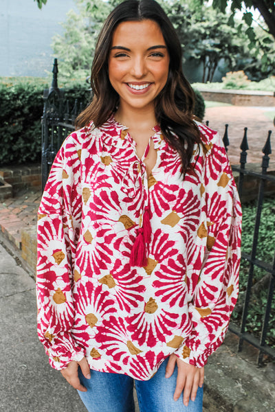 Chic Women's Red Floral Blouse with Tassel Tie Neck - Long Sleeve Top for Trendy Spring Fashion