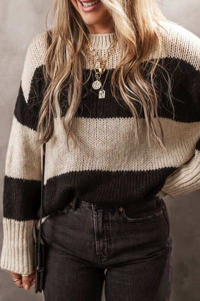 Cozy Women's Colorblock Pullover Sweater in Jet Stream - Loose Fit Knit for Stylish Casual Fall Looks