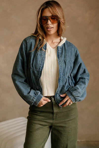Stylish Women's Real Teal Denim Jacket with Pleated Seams, Round Neck, and Zip-Up Closure for a Chic Look