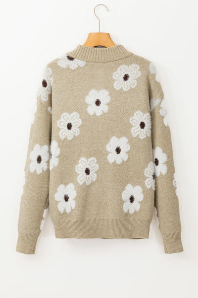 Women's Casual Khaki Floral Half-Zip Sweater with Drop Shoulders - Chic Knit Top for Everyday Comfort and Style