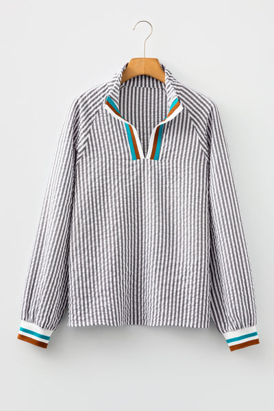 Women's Dark Grey Striped Cotton-Blend Split Neck Blouse