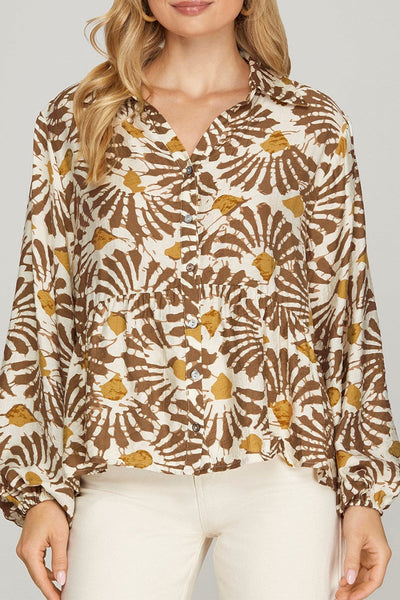 Women's Trendy Khaki Floral Print Long Sleeve Shirt with Ruffle Hem - Chic Style for Everyday Casual Outfits