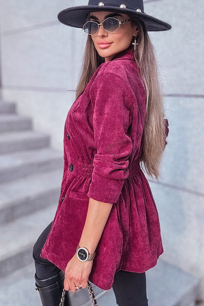 Effortlessly Chic Women's Pitaya Pink Corduroy Blazer with Smocked Waist & Double-Breasted Design for Stylish Comfort
