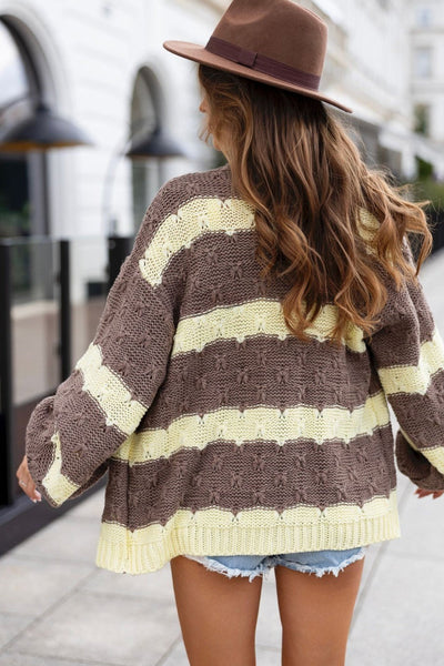 Cozy Women's Yellow Stripe Chunky Colorblock Cardigan - Stylish Layer for Effortless Everyday Fashion