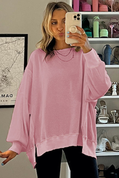 Chic Women's Pink Oversized Waffle Knit Top with Bishop Sleeves & Side Split for Effortless Casual Style