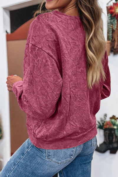 Casual Chic Mineral Red Loose-Fit Women's Sweatshirt with Letter Embroidery and Unique Mineral Wash Finish