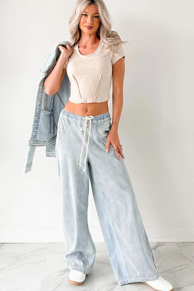 Stylish Women's Sky Blue Wide Leg Patchwork Jeans with Contrast Stripes and Adjustable Drawstring for a Perfect Fit