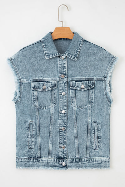 Stylish Women's Distressed Frayed Denim Vest for Effortless Casual Looks - Trendy Layering Piece in Fashionable Blue