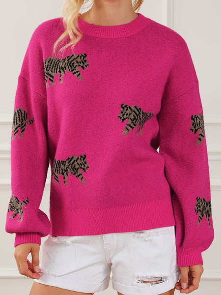 Fierce Leopard Print Rose Red Knit Sweater for Casual Chic