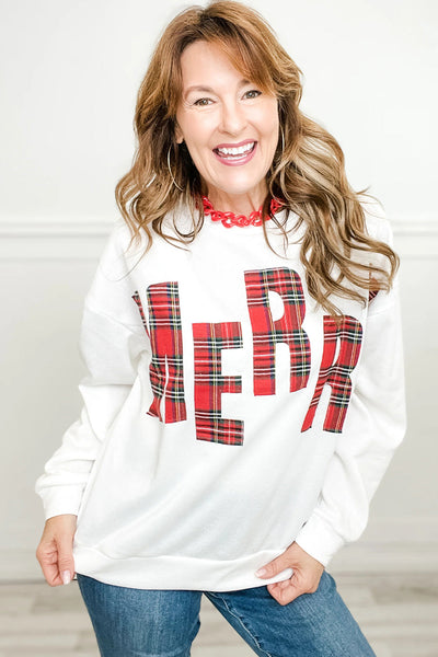 Cozy Women's White Plaid Christmas Sweatshirt for Festive Holiday Style and Comfortable Vacation Wear