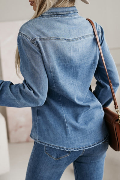 Women's Dusk Blue Slim Fit Denim Shirt with Flap Pockets