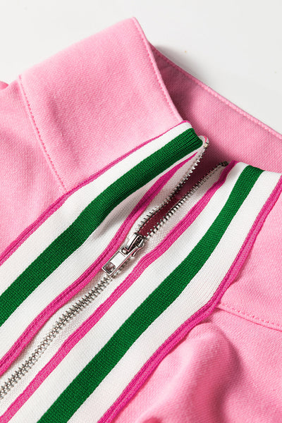 Women's Pink Contrast Striped Pullover Sweatshirt with Zip Collar for Stylish Casual Comfort and Layering